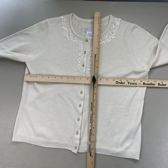 VTG Worthington Cardigan Sweater Petite Large Cream Rhinestone Button Sequin Y2K - Picture 6 of 10